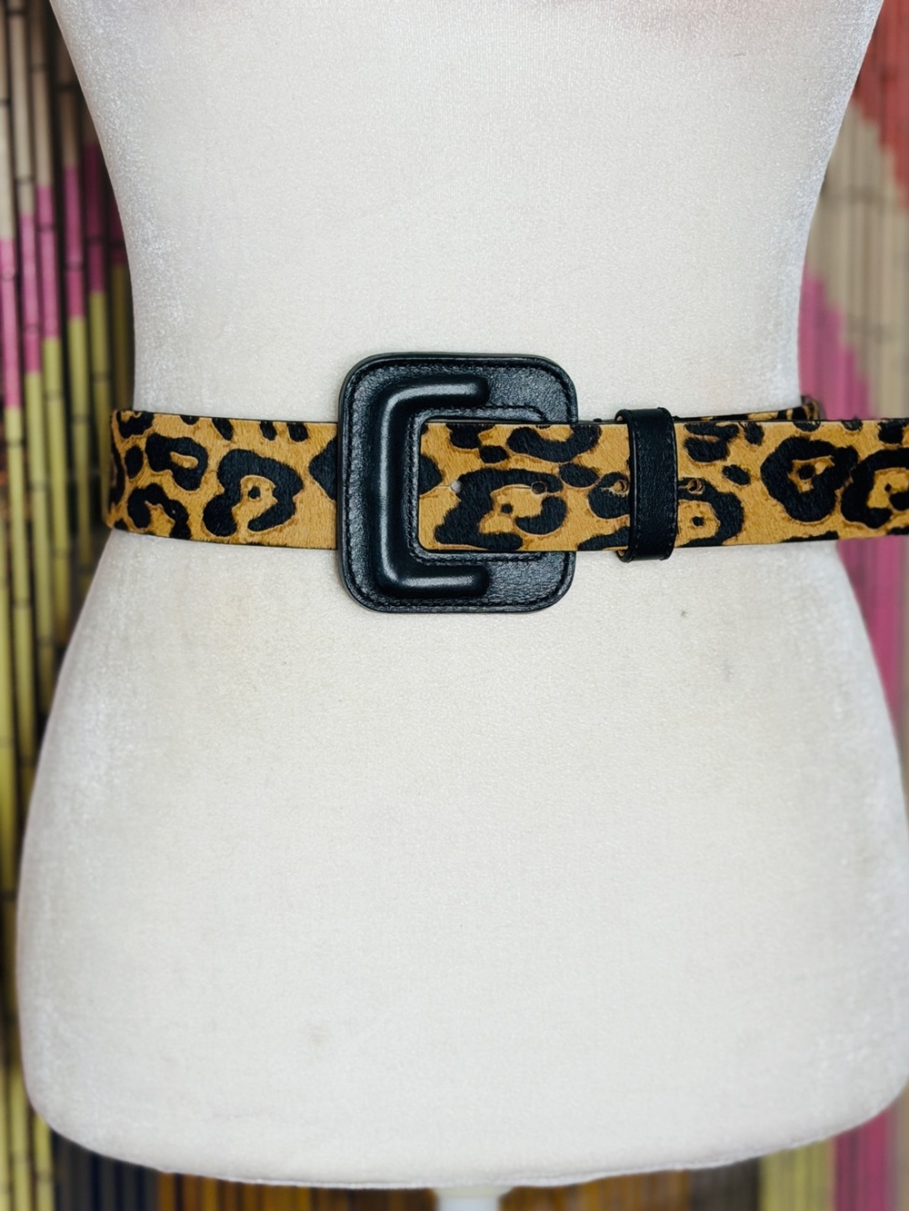 Veronica Beard  Calf Hair Leopard
Print Leather Square Buckle Belt Size Small